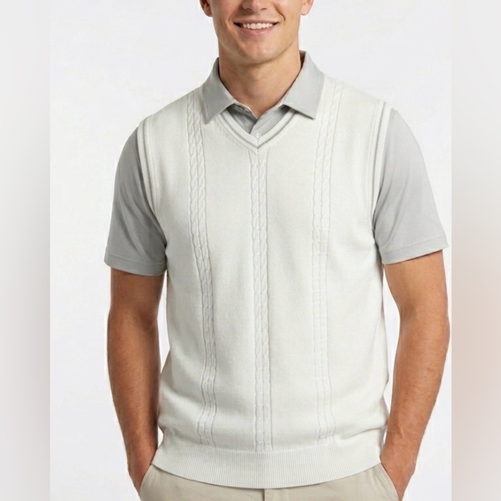 Cypress Links White Cable Knit Golf Sweater Vest Grey Trim 100% Cotton